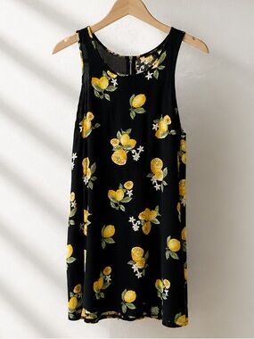 💥 PTP19 Black Lemon Floral Mini Dress Sleeveless Summer Large Shift Zipper Back